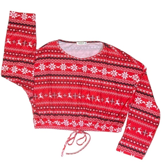 Christmas Crop Top Holiday Tee Blouse Shirt Long Sleeve Stretchy Red White 1XL - Picture 16 of 16